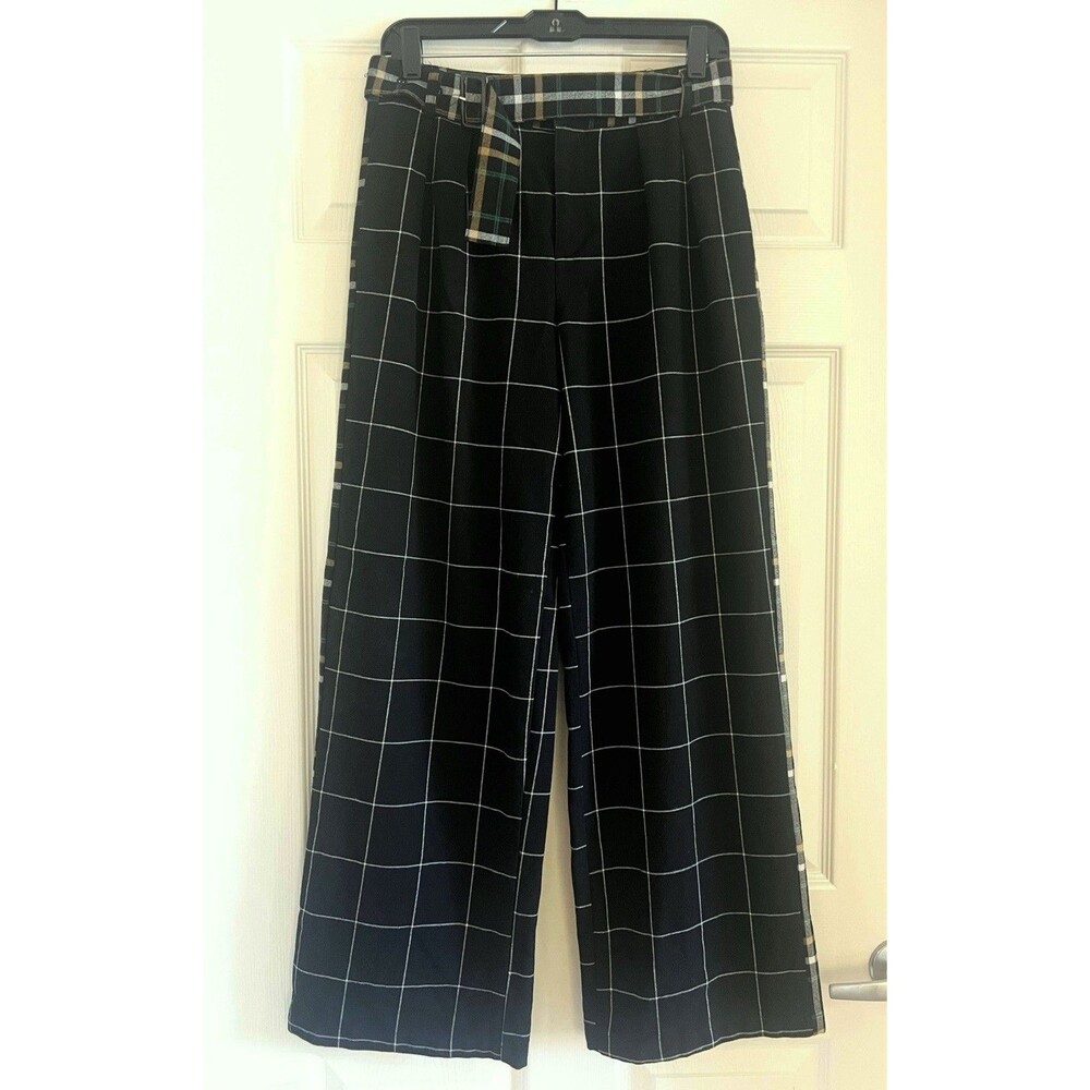 Who What Wear Plaid Wide Leg Pants 2/4 Black White Side Stripes Career Boss Chic
